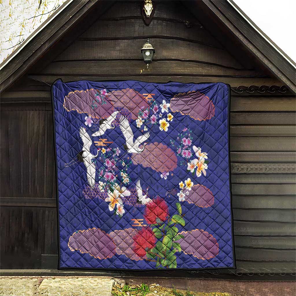 Hawaiian and Japanese Culture Together Quilt Blue Ohia Lehua Plumeria and Sakura Blooming LT03 - Polynesian Pride