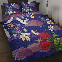 Hawaiian and Japanese Culture Together Quilt Bed Set Blue Ohia Lehua Plumeria and Sakura Blooming LT03 Blue - Polynesian Pride