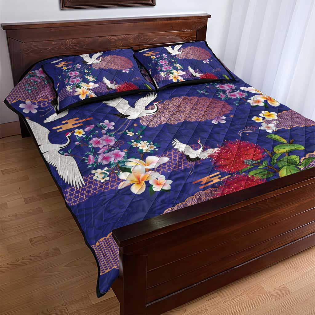 Hawaiian and Japanese Culture Together Quilt Bed Set Blue Ohia Lehua Plumeria and Sakura Blooming LT03 - Polynesian Pride