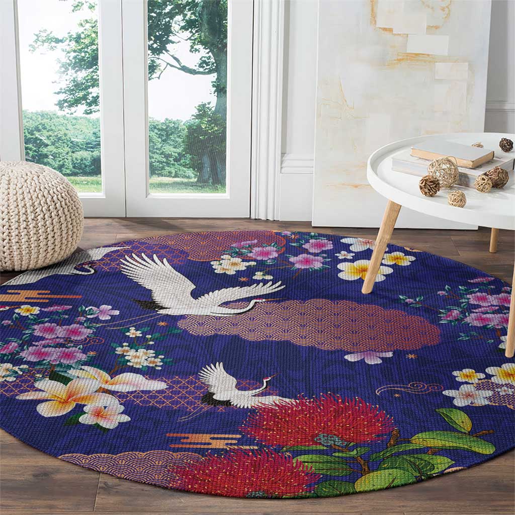 Hawaiian and Japanese Culture Together Round Carpet Blue Ohia Lehua Plumeria and Sakura Blooming LT03 - Polynesian Pride