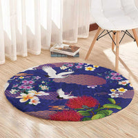 Hawaiian and Japanese Culture Together Round Carpet Blue Ohia Lehua Plumeria and Sakura Blooming LT03 - Polynesian Pride