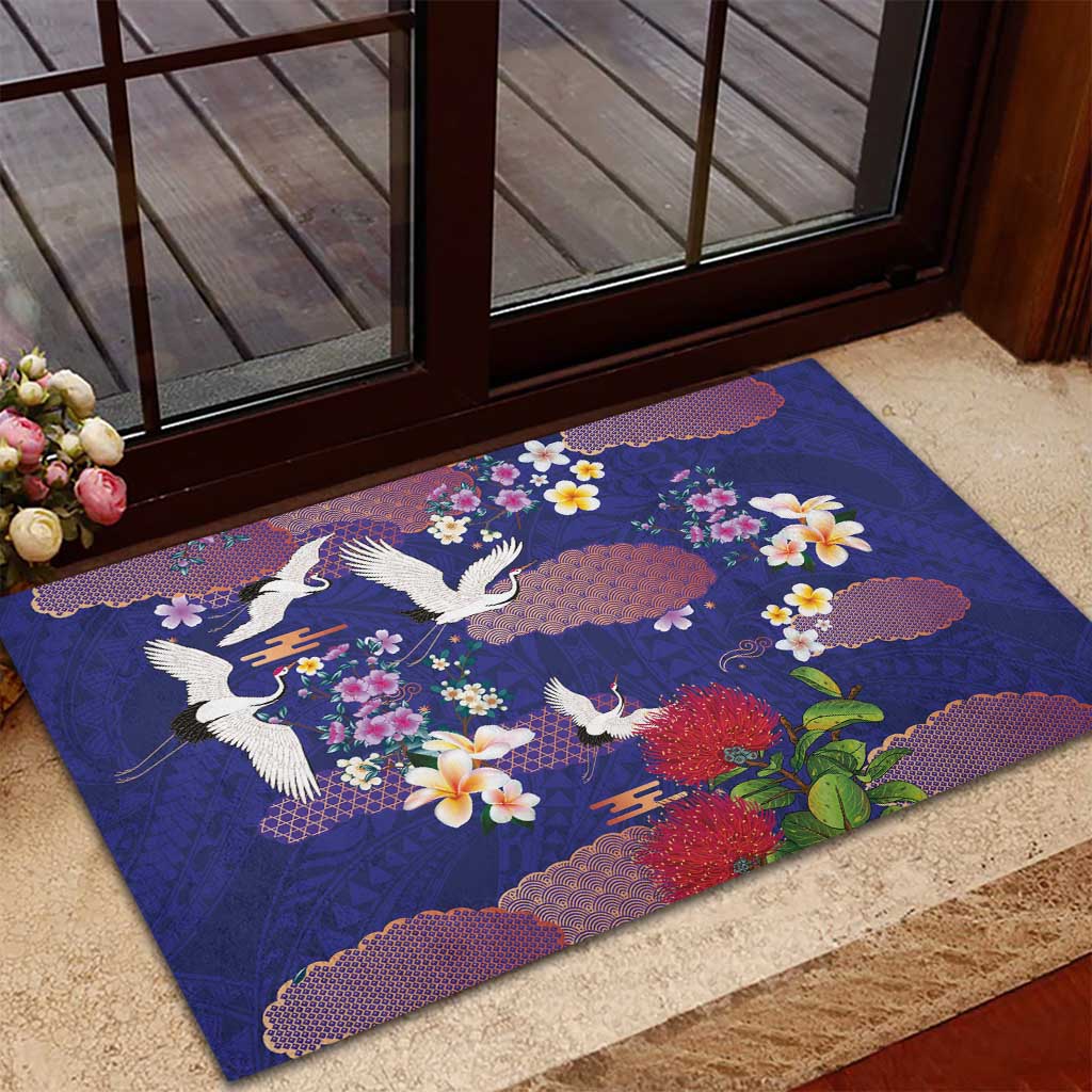 Hawaiian and Japanese Culture Together Rubber Doormat Blue Ohia Lehua Plumeria and Sakura Blooming LT03 - Polynesian Pride
