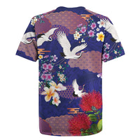 Hawaiian and Japanese Culture Together Rugby Jersey Blue Ohia Lehua Plumeria and Sakura Blooming LT03 - Polynesian Pride