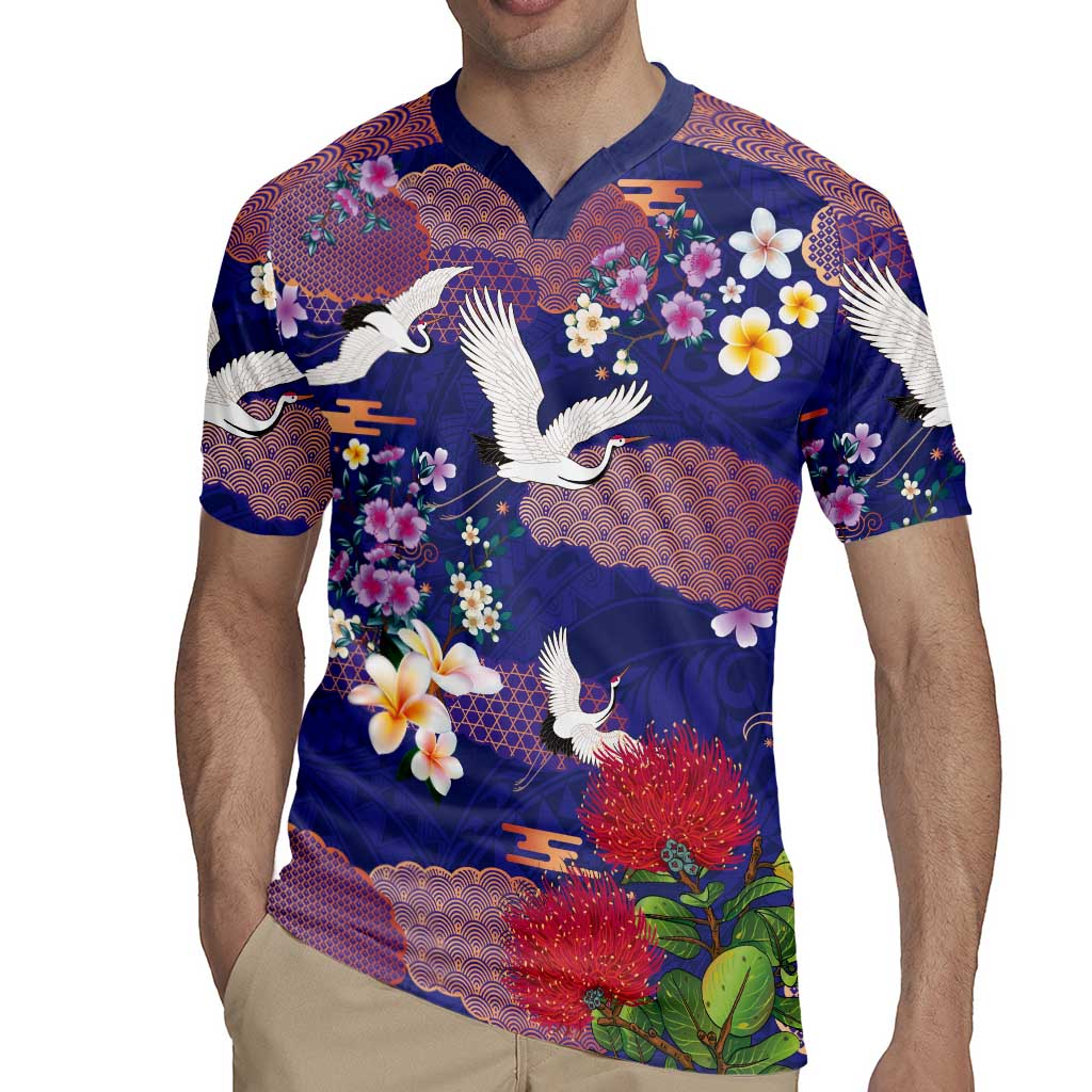 Hawaiian and Japanese Culture Together Rugby Jersey Blue Ohia Lehua Plumeria and Sakura Blooming LT03 - Polynesian Pride