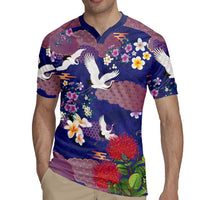 Hawaiian and Japanese Culture Together Rugby Jersey Blue Ohia Lehua Plumeria and Sakura Blooming LT03 - Polynesian Pride