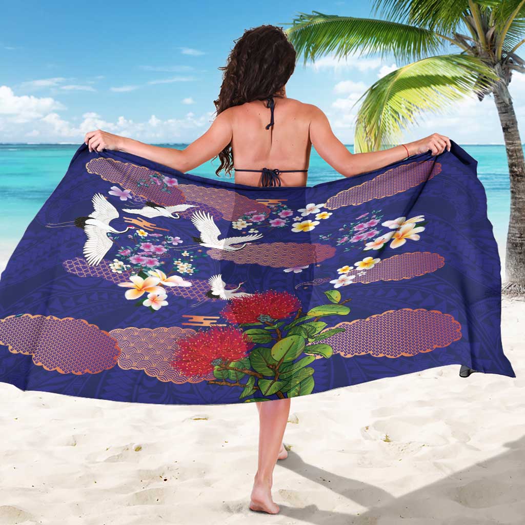 Hawaiian and Japanese Culture Together Sarong Blue Ohia Lehua Plumeria and Sakura Blooming LT03 - Polynesian Pride