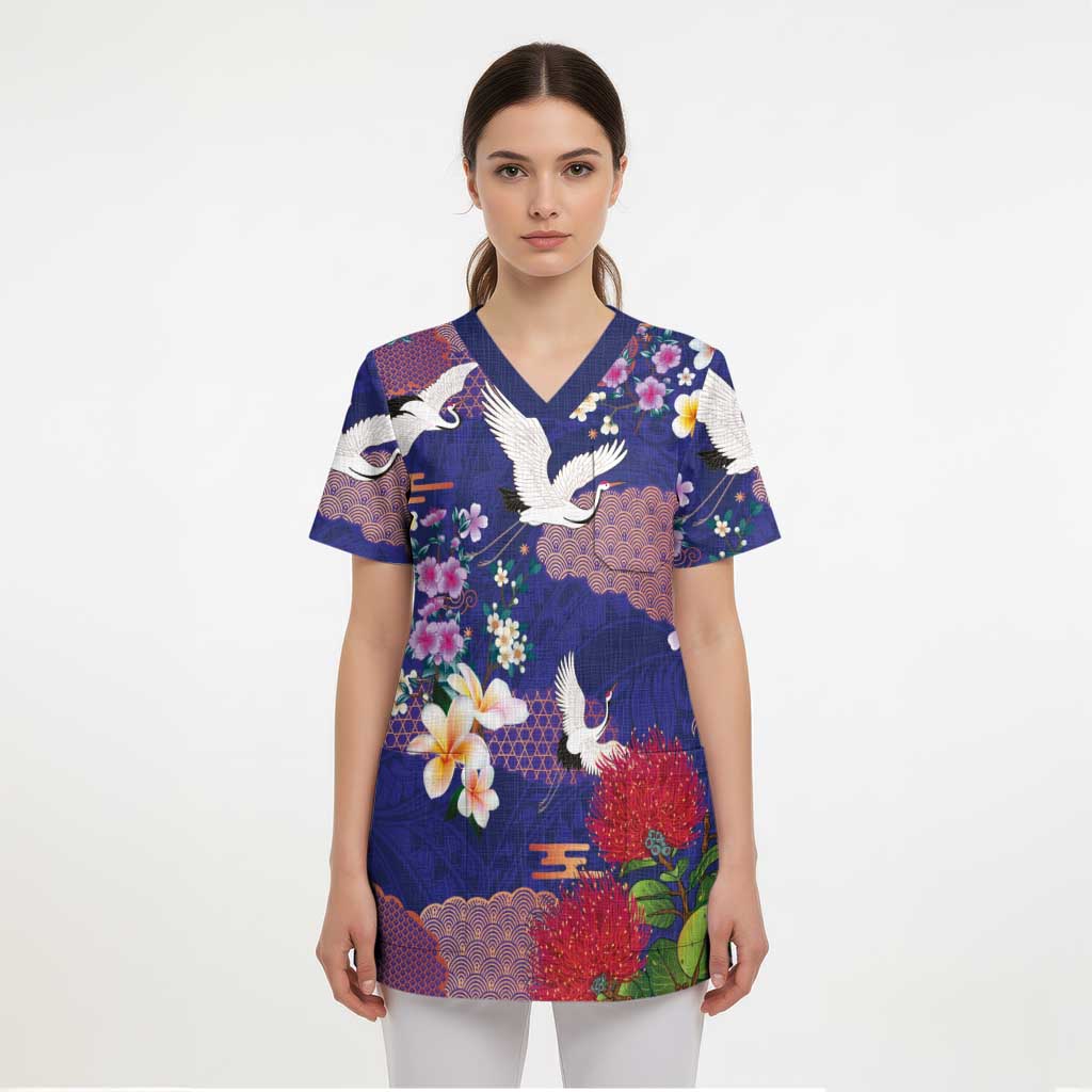 Hawaiian and Japanese Culture Together Scrub Top Blue Ohia Lehua Plumeria and Sakura Blooming LT03 - Polynesian Pride