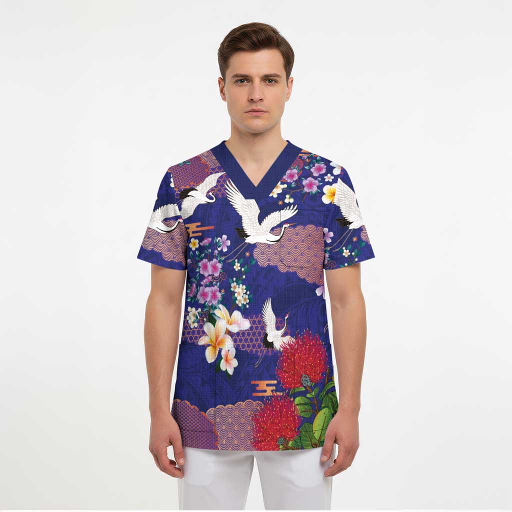Hawaiian and Japanese Culture Together Scrub Top Blue Ohia Lehua Plumeria and Sakura Blooming LT03 - Polynesian Pride