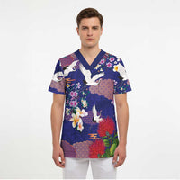 Hawaiian and Japanese Culture Together Scrub Top Blue Ohia Lehua Plumeria and Sakura Blooming LT03 - Polynesian Pride