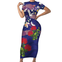 Hawaiian and Japanese Culture Together Short Sleeve Bodycon Dress Blue Ohia Lehua Plumeria and Sakura Blooming LT03 Long Dress Blue - Polynesian Pride
