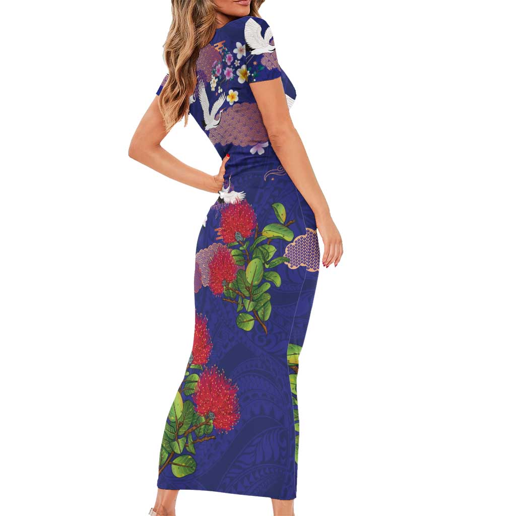 Hawaiian and Japanese Culture Together Short Sleeve Bodycon Dress Blue Ohia Lehua Plumeria and Sakura Blooming LT03 - Polynesian Pride