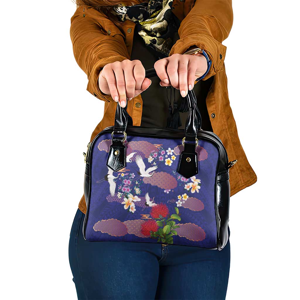 Hawaiian and Japanese Culture Together Shoulder Handbag Blue Ohia Lehua Plumeria and Sakura Blooming LT03 One Size Blue - Polynesian Pride