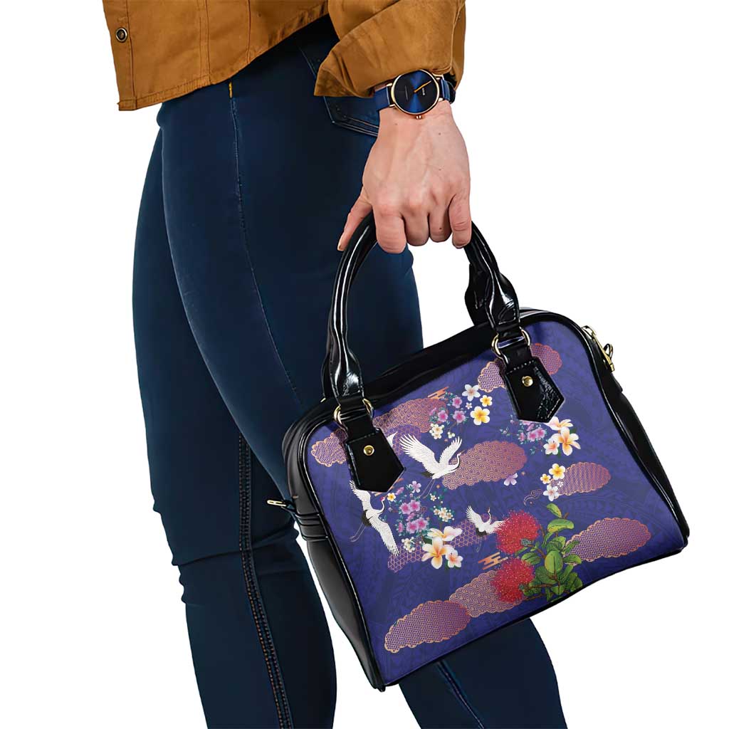 Hawaiian and Japanese Culture Together Shoulder Handbag Blue Ohia Lehua Plumeria and Sakura Blooming LT03 - Polynesian Pride