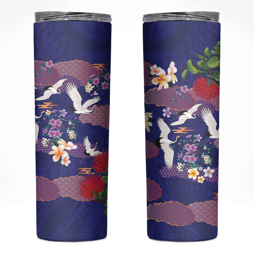 Hawaiian and Japanese Culture Together Skinny Tumbler Blue Ohia Lehua Plumeria and Sakura Blooming LT03 Blue - Polynesian Pride