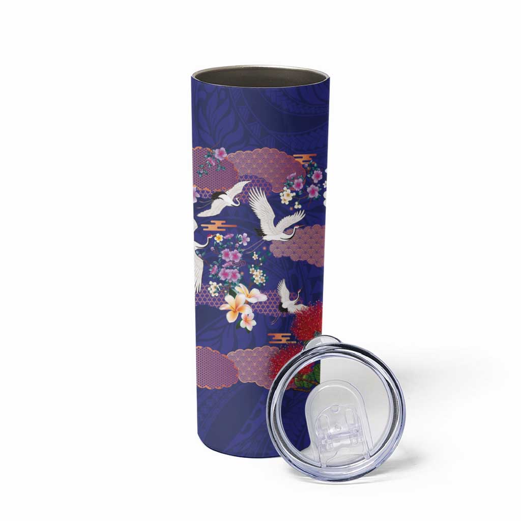 Hawaiian and Japanese Culture Together Skinny Tumbler Blue Ohia Lehua Plumeria and Sakura Blooming LT03 - Polynesian Pride
