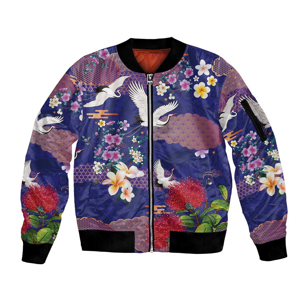 Hawaiian and Japanese Culture Together Sleeve Zip Bomber Jacket Blue Ohia Lehua Plumeria and Sakura Blooming LT03 Unisex Blue - Polynesian Pride