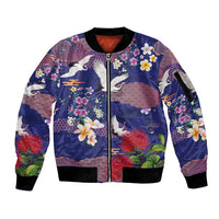 Hawaiian and Japanese Culture Together Sleeve Zip Bomber Jacket Blue Ohia Lehua Plumeria and Sakura Blooming LT03 Unisex Blue - Polynesian Pride