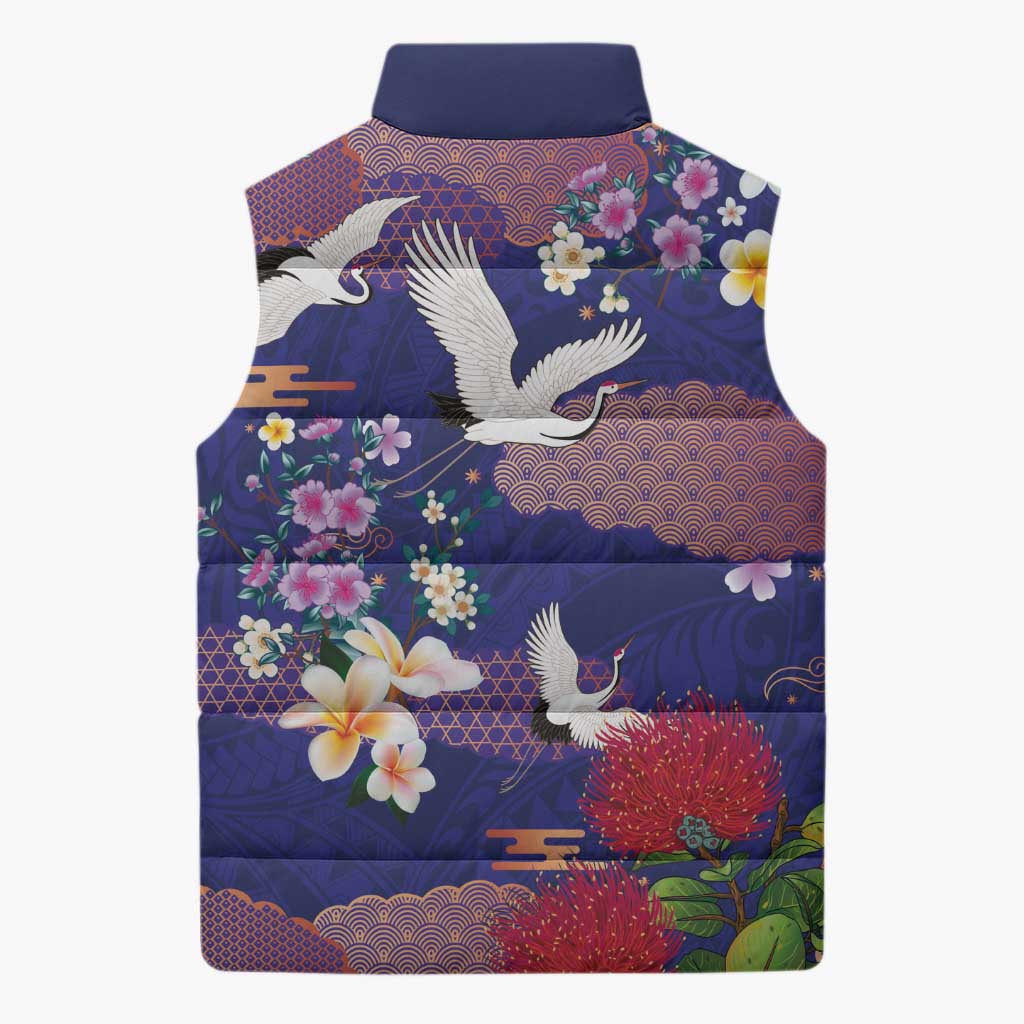 Hawaiian and Japanese Culture Together Sleeveless Puffer Jacket Blue Ohia Lehua Plumeria and Sakura Blooming LT03 - Polynesian Pride