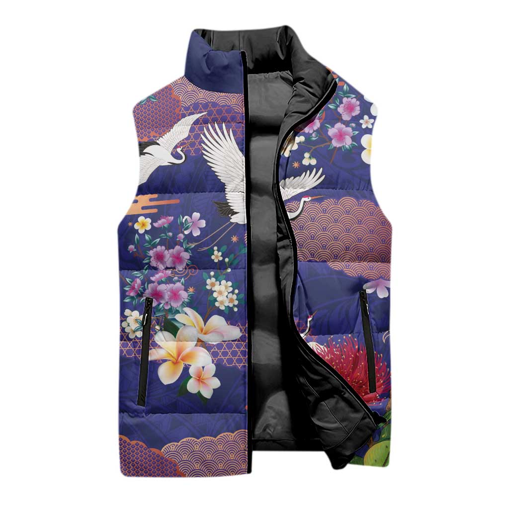 Hawaiian and Japanese Culture Together Sleeveless Puffer Jacket Blue Ohia Lehua Plumeria and Sakura Blooming LT03 - Polynesian Pride