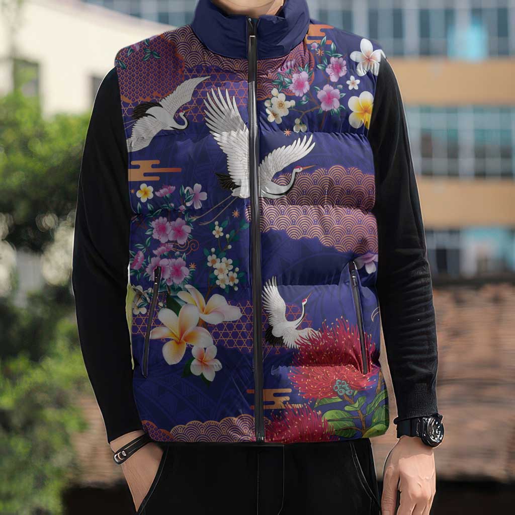 Hawaiian and Japanese Culture Together Sleeveless Puffer Jacket Blue Ohia Lehua Plumeria and Sakura Blooming LT03 - Polynesian Pride