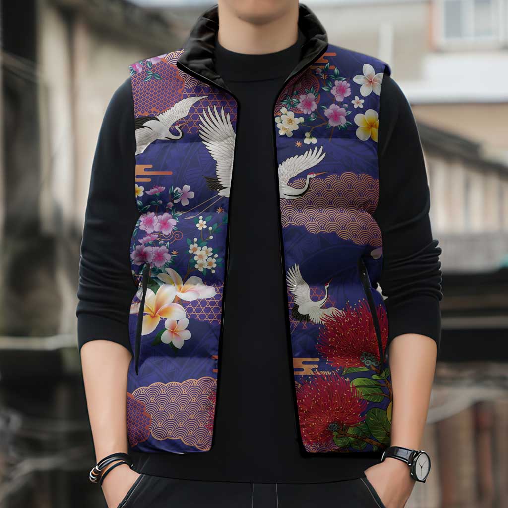 Hawaiian and Japanese Culture Together Sleeveless Puffer Jacket Blue Ohia Lehua Plumeria and Sakura Blooming LT03 - Polynesian Pride