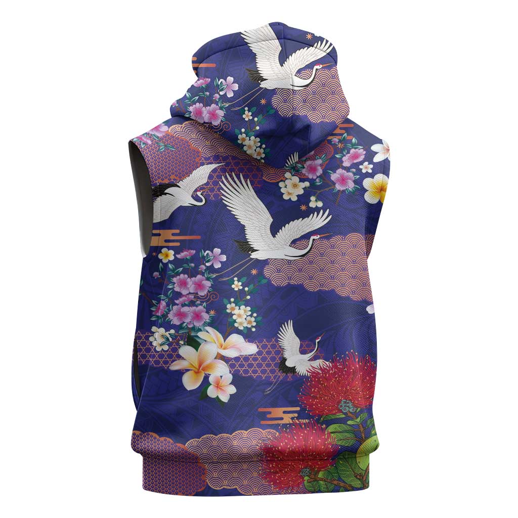 Hawaiian and Japanese Culture Together Sleeveless Zip Hoodie Blue Ohia Lehua Plumeria and Sakura Blooming LT03 - Polynesian Pride