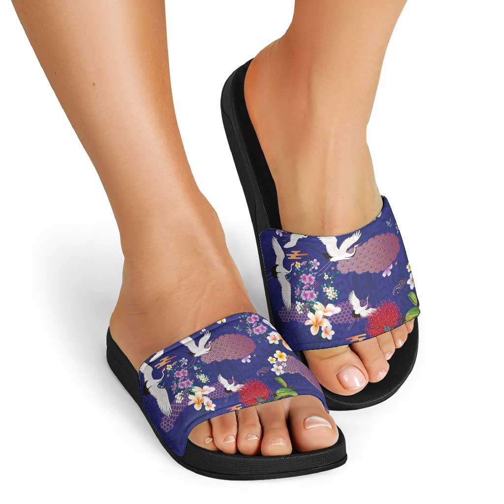 Hawaiian and Japanese Culture Together Slide Sandals Blue Ohia Lehua Plumeria and Sakura Blooming LT03 - Polynesian Pride