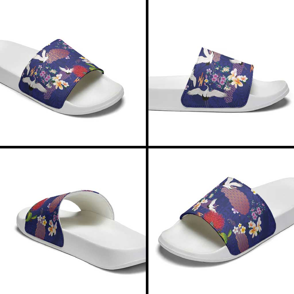 Hawaiian and Japanese Culture Together Slide Sandals Blue Ohia Lehua Plumeria and Sakura Blooming LT03 - Polynesian Pride