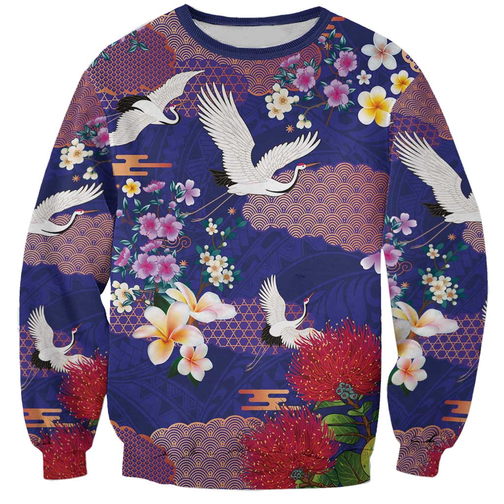Hawaiian and Japanese Culture Together Sweatshirt Blue Ohia Lehua Plumeria and Sakura Blooming LT03 Unisex Blue - Polynesian Pride
