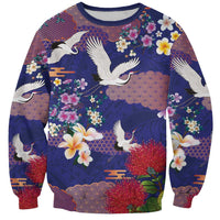 Hawaiian and Japanese Culture Together Sweatshirt Blue Ohia Lehua Plumeria and Sakura Blooming LT03 Unisex Blue - Polynesian Pride