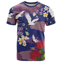 Hawaiian and Japanese Culture Together T Shirt Blue Ohia Lehua Plumeria and Sakura Blooming LT03 Blue - Polynesian Pride