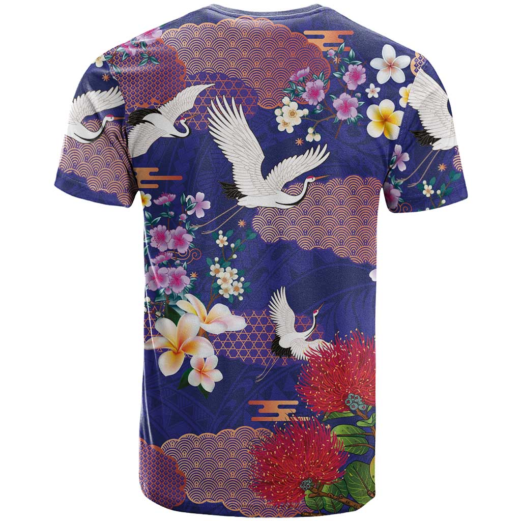 Hawaiian and Japanese Culture Together T Shirt Blue Ohia Lehua Plumeria and Sakura Blooming LT03 - Polynesian Pride