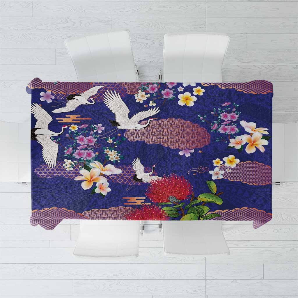 Hawaiian and Japanese Culture Together Tablecloth Blue Ohia Lehua Plumeria and Sakura Blooming LT03 Blue - Polynesian Pride