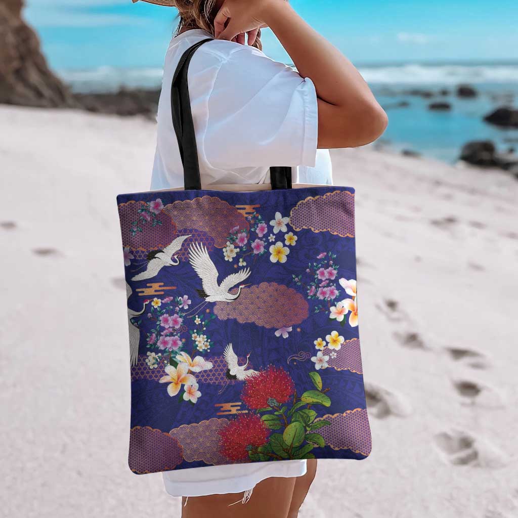 Hawaiian and Japanese Culture Together Tote Bag Blue Ohia Lehua Plumeria and Sakura Blooming LT03 - Polynesian Pride