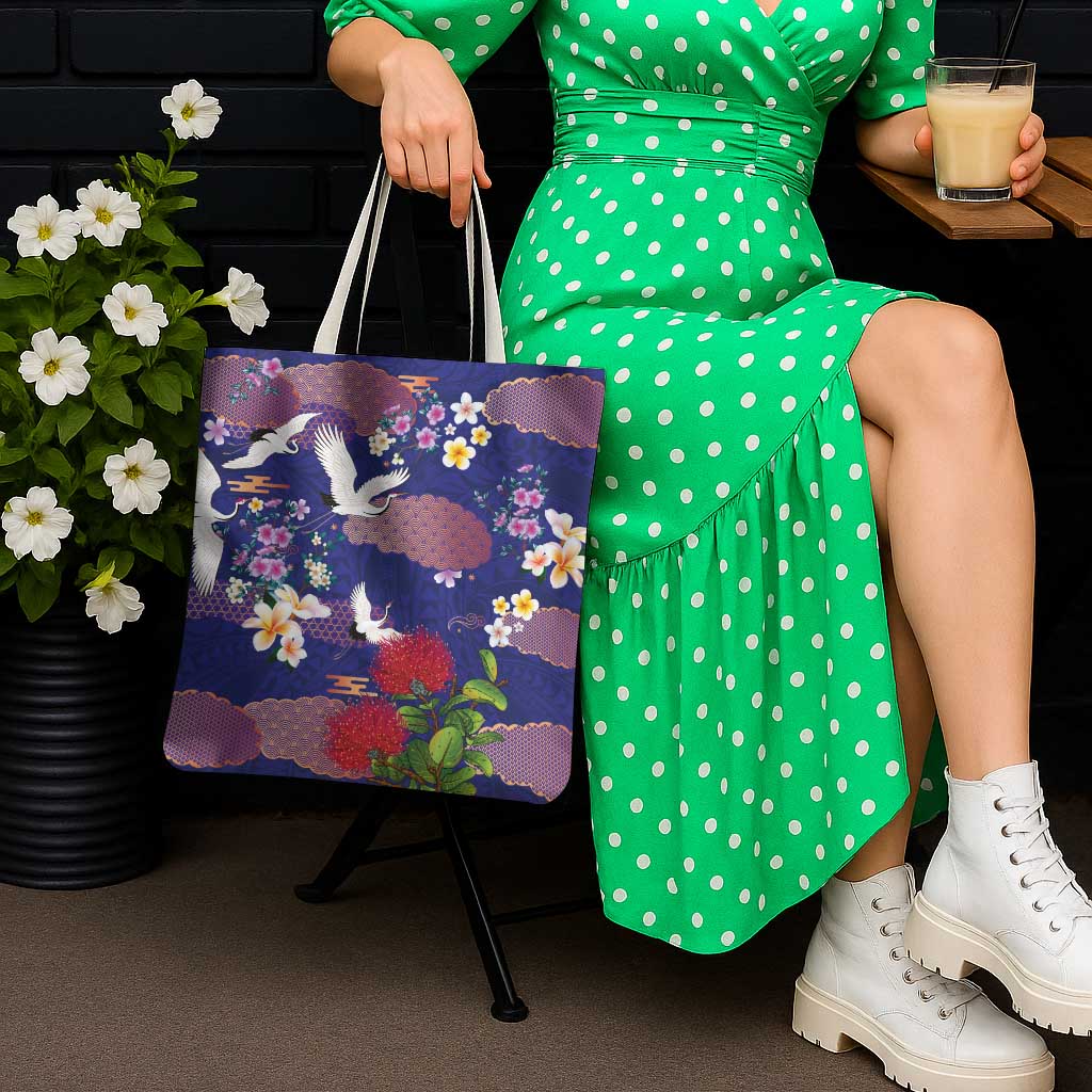 Hawaiian and Japanese Culture Together Tote Bag Blue Ohia Lehua Plumeria and Sakura Blooming LT03 - Polynesian Pride