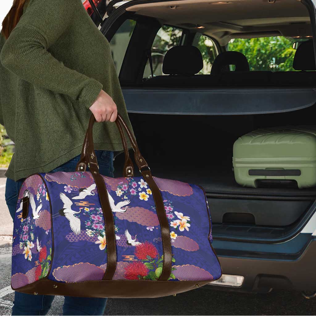 Hawaiian and Japanese Culture Together Travel Bag Blue Ohia Lehua Plumeria and Sakura Blooming LT03 - Polynesian Pride