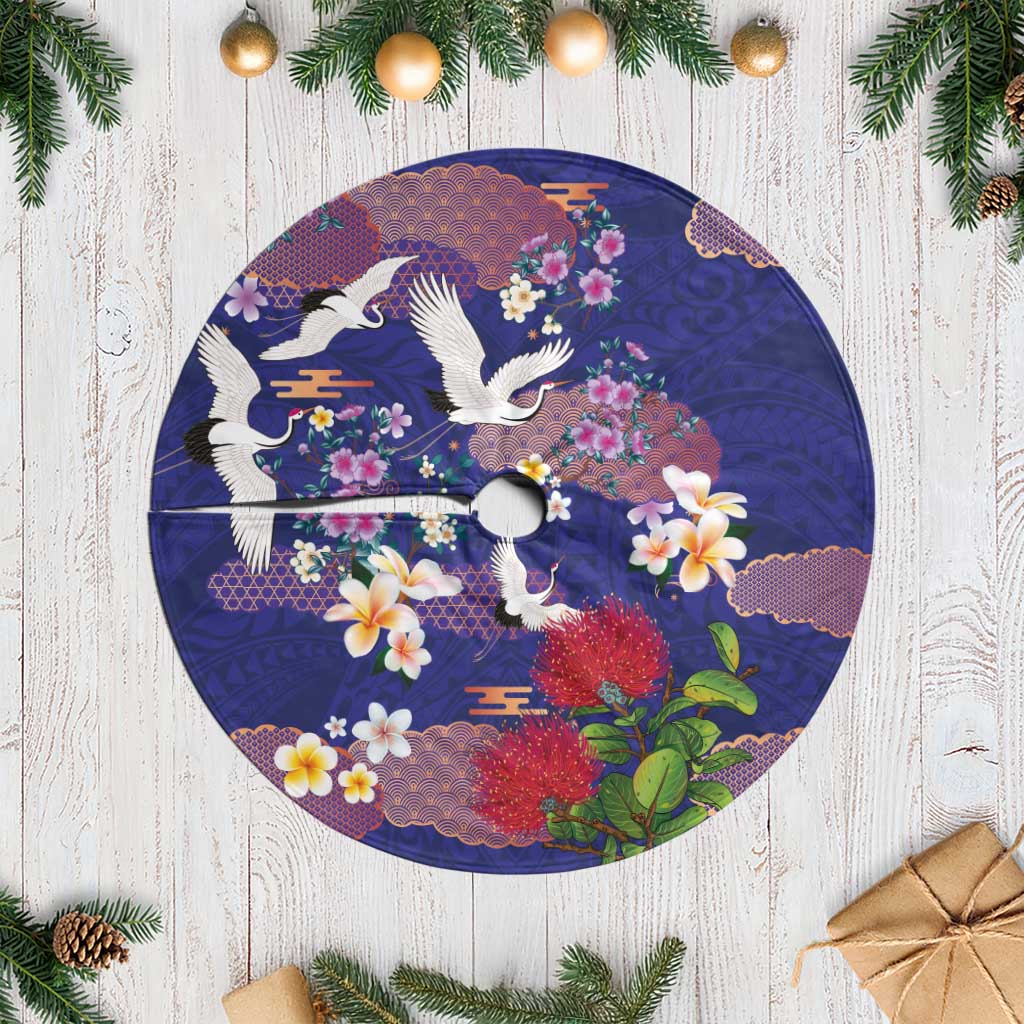Hawaiian and Japanese Culture Together Tree Skirt Blue Ohia Lehua Plumeria and Sakura Blooming LT03 Casual Blue - Polynesian Pride