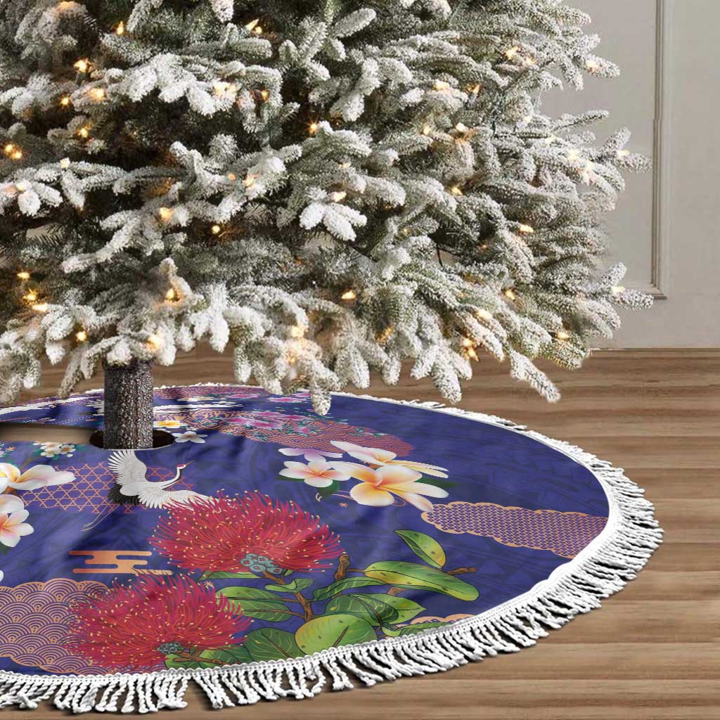 Hawaiian and Japanese Culture Together Tree Skirt Blue Ohia Lehua Plumeria and Sakura Blooming LT03 - Polynesian Pride