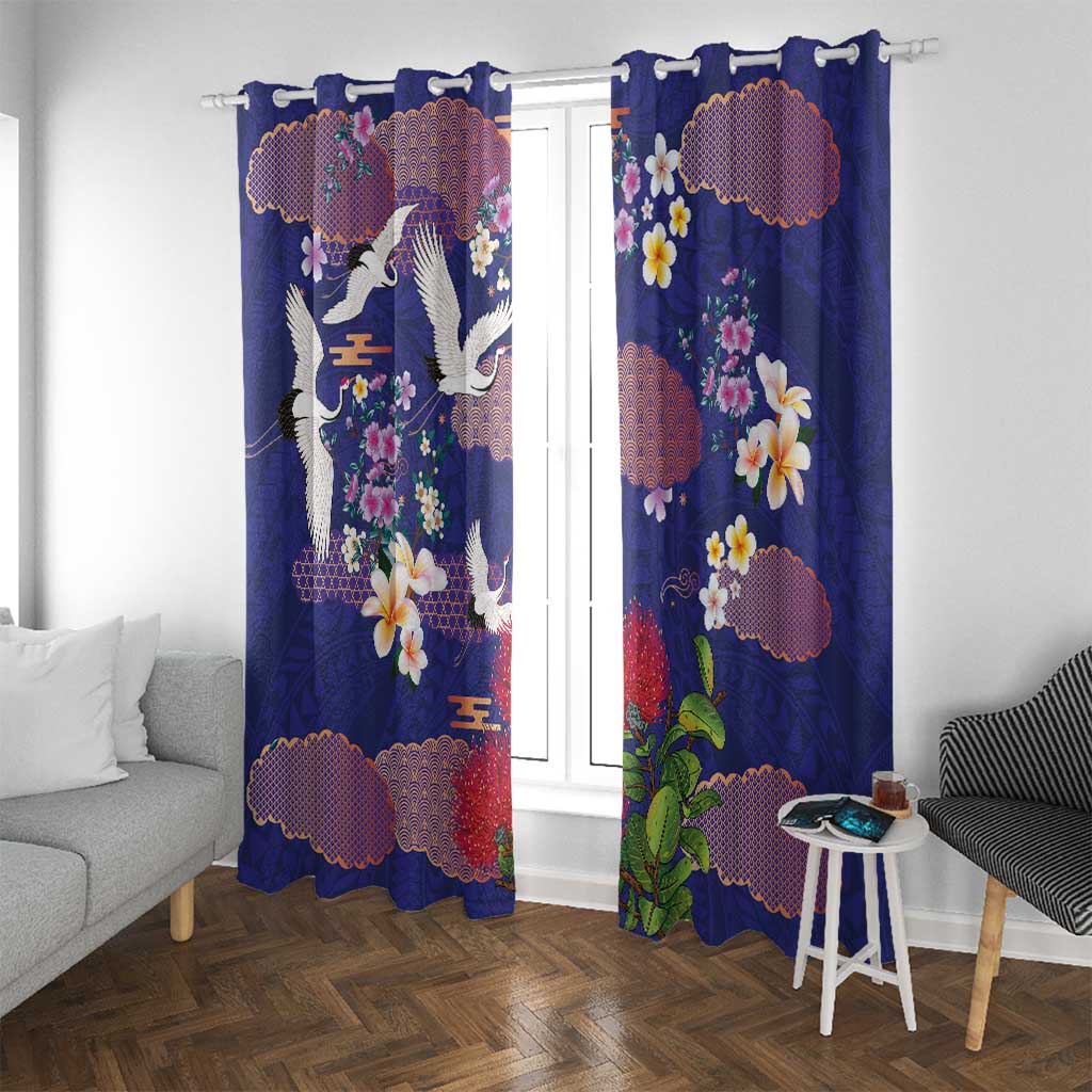 Hawaiian and Japanese Culture Together Window Curtain Blue Ohia Lehua Plumeria and Sakura Blooming LT03 With Grommets Blue - Polynesian Pride
