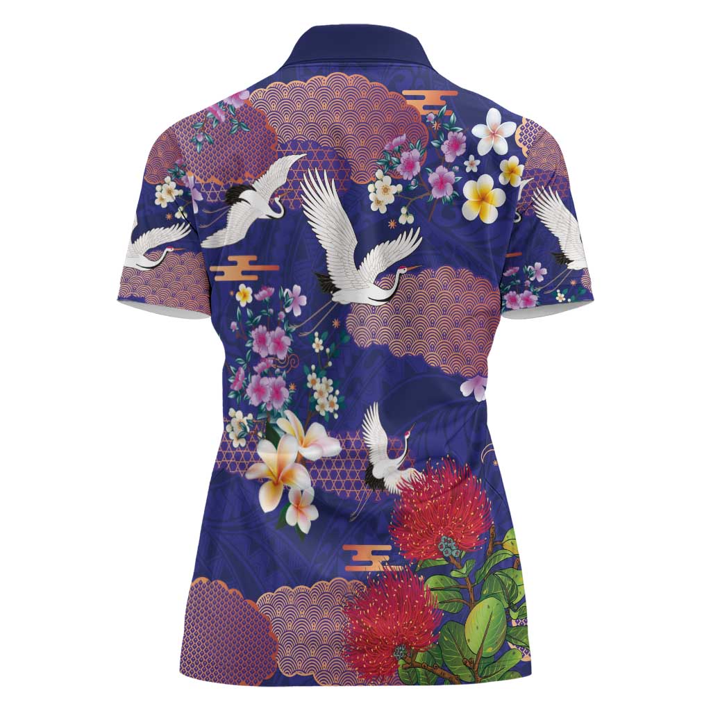 Hawaiian and Japanese Culture Together Women Polo Shirt Blue Ohia Lehua Plumeria and Sakura Blooming - Polynesian Pride