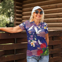 Hawaiian and Japanese Culture Together Women Polo Shirt Blue Ohia Lehua Plumeria and Sakura Blooming - Polynesian Pride