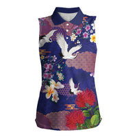 Hawaiian and Japanese Culture Together Women Sleeveless Polo Shirt Blue Ohia Lehua Plumeria and Sakura Blooming LT03 Female Blue - Polynesian Pride