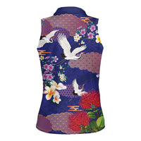 Hawaiian and Japanese Culture Together Women Sleeveless Polo Shirt Blue Ohia Lehua Plumeria and Sakura Blooming LT03 - Polynesian Pride