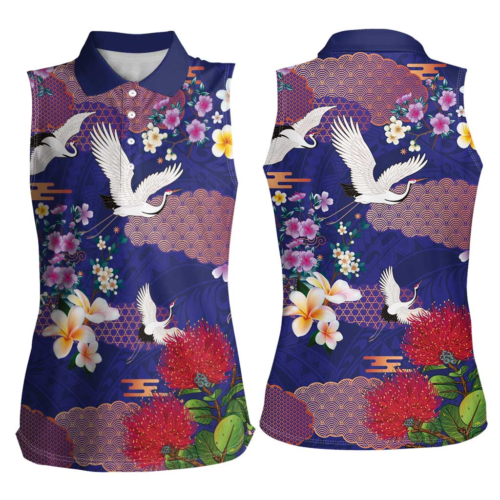 Hawaiian and Japanese Culture Together Women Sleeveless Polo Shirt Blue Ohia Lehua Plumeria and Sakura Blooming LT03 - Polynesian Pride