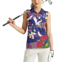 Hawaiian and Japanese Culture Together Women Sleeveless Polo Shirt Blue Ohia Lehua Plumeria and Sakura Blooming LT03 - Polynesian Pride
