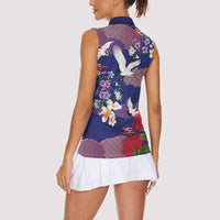 Hawaiian and Japanese Culture Together Women Sleeveless Polo Shirt Blue Ohia Lehua Plumeria and Sakura Blooming LT03 - Polynesian Pride