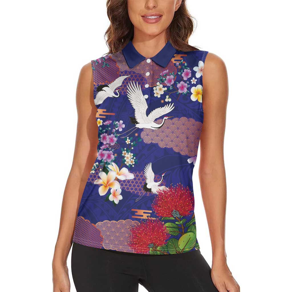 Hawaiian and Japanese Culture Together Women Sleeveless Polo Shirt Blue Ohia Lehua Plumeria and Sakura Blooming LT03 - Polynesian Pride