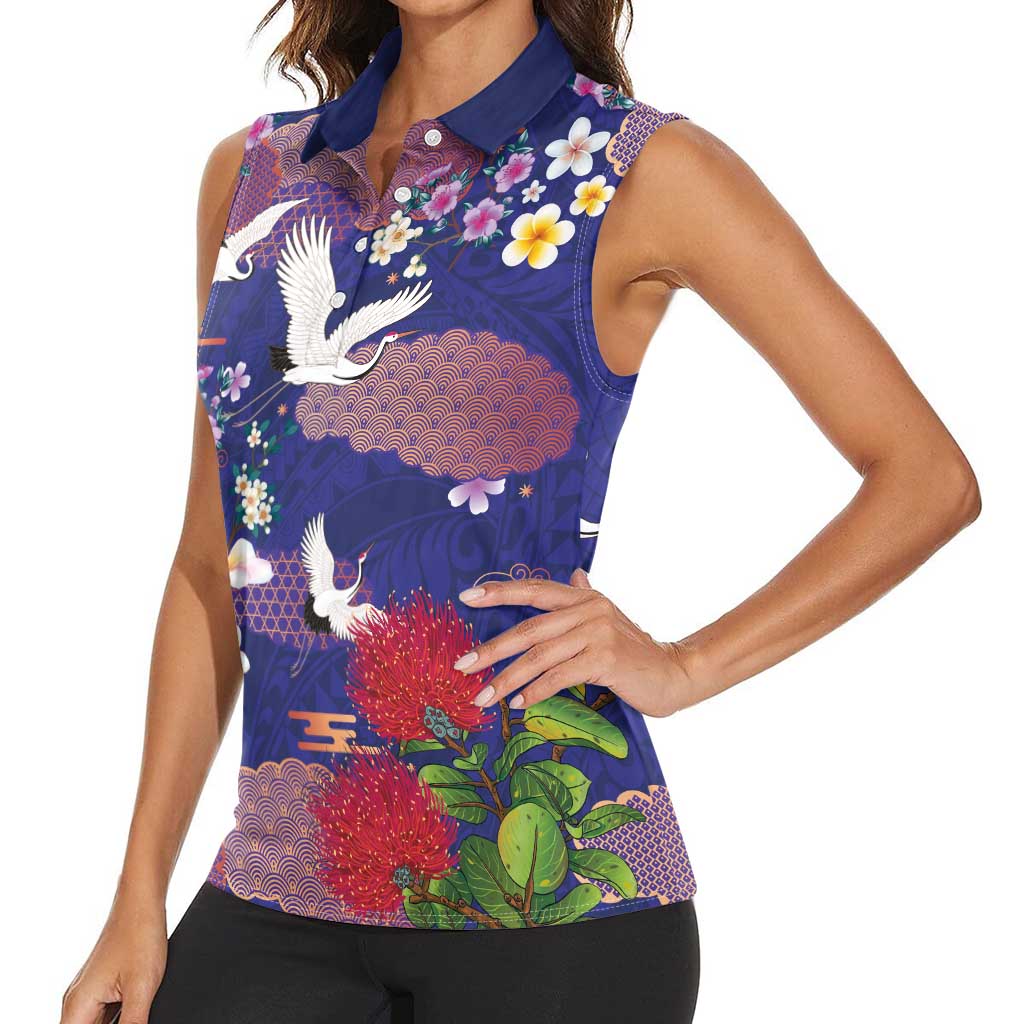 Hawaiian and Japanese Culture Together Women Sleeveless Polo Shirt Blue Ohia Lehua Plumeria and Sakura Blooming LT03 - Polynesian Pride