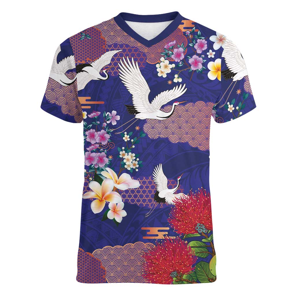 Hawaiian and Japanese Culture Together Women V-Neck T-Shirt Blue Ohia Lehua Plumeria and Sakura Blooming LT03 Female Blue - Polynesian Pride