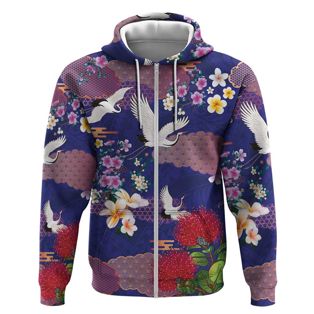 Hawaiian and Japanese Culture Together Zip Hoodie Blue Ohia Lehua Plumeria and Sakura Blooming LT03 Zip Hoodie Blue - Polynesian Pride